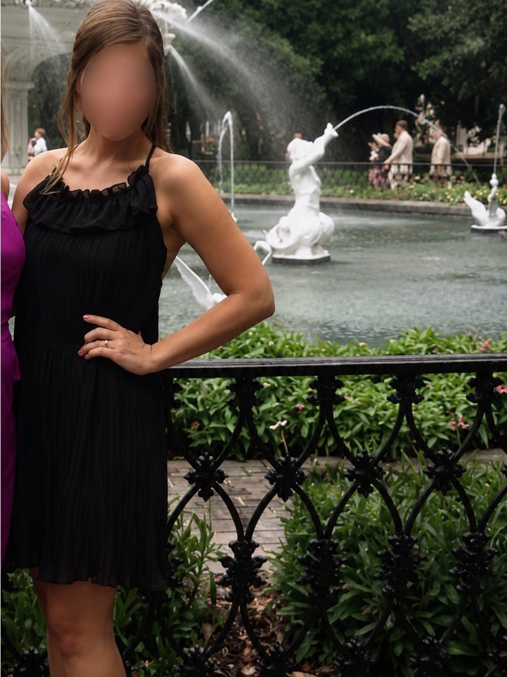 Women's Black Ruffled Halter Dress with Sheer Back Detail in Nude